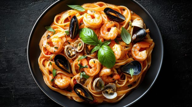 Pasta with seafood in tomato sauce, and shrimp and clams. AI generative.