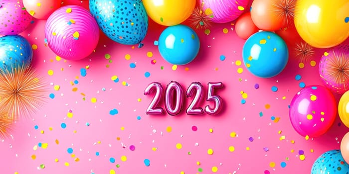 happy, new, year, number " 2025"" ballons, firework. AI generative."