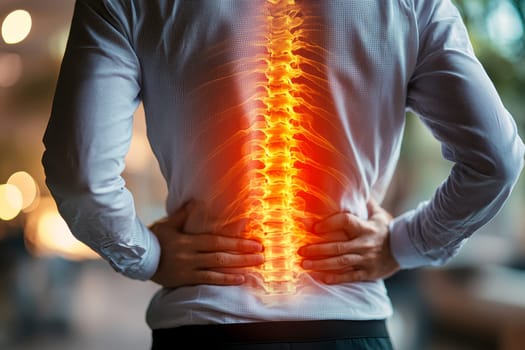 man with back pain X-ray, holding red painful spot. AI generative.