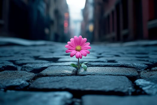 flower blooming amidst the cracks of dark grey granite brickwork of a city street. AI generative.