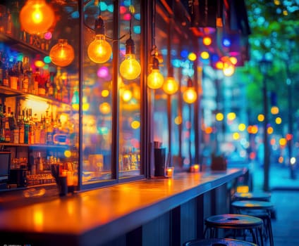 a bar counter with dim but colorful lights. AI generative.