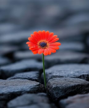 flower blooming amidst the cracks of dark grey granite brickwork of a city street. AI generative.