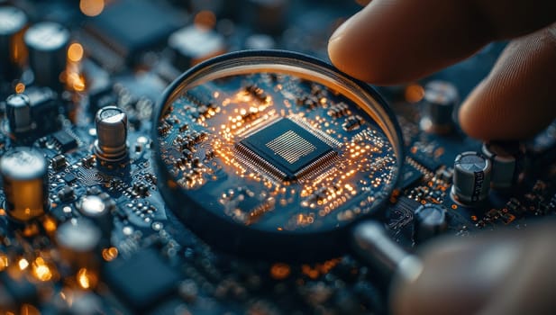 Close up of a hand examining a microchip on a circuit board with a magnifying glass. Concept of technology, electronics, and innovation.