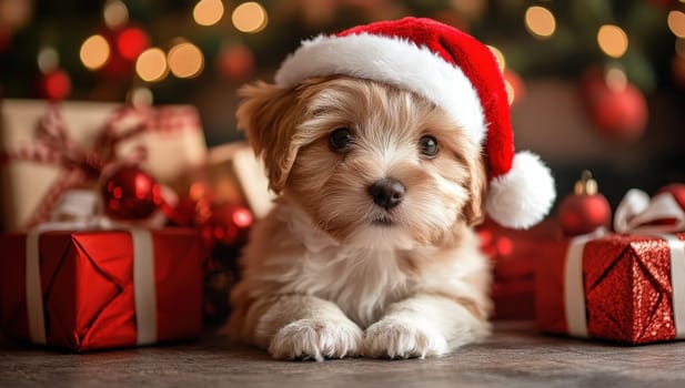 Cute Puppy with Santa Hat and Christmas Presents