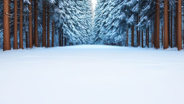 Snowy path through a snow covered forest in winter