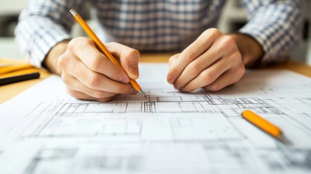 Architect Drawing Blueprint. Construction, Engineering, Design Concept
