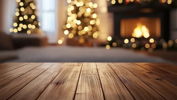 Cozy Christmas scene with wooden floor, fireplace, and blurred Christmas tree lights in the background