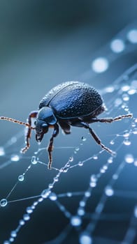 A black beetle perches on a delicate spider web adorned with glistening dewdrops, showcasing nature's intricate beauty and the marvels of miniature ecosystems.
