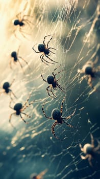 Multiple silhouetted spiders on an ethereal gossamer web, backlit by soft golden light, creating a dreamlike atmosphere in nature.