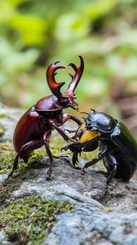 Two stag beetles engage in a fierce confrontation on a moss covered rock, showcasing their impressive mandibles and shiny exoskeletons in a natural setting.