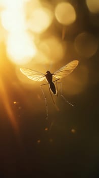 Silhouette of a mosquito against a golden sunset sky, its delicate wings and legs backlit creating an ethereal glow.