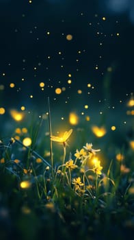 Glowing fireflies illuminate a meadow of delicate yellow flowers against a dusky blue sky, creating an enchanting and ethereal nocturnal scene.