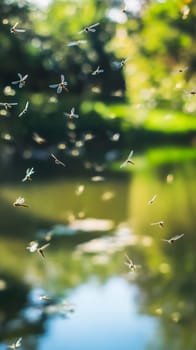 A mesmerizing cloud of flying insects illuminated by soft sunlight in a lush green forest, creating a magical atmosphere of nature's delicate balance.