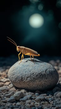 A golden grasshopper perched atop a smooth river stone, dramatically lit against a dark background with a glowing moon like orb, creating a mystical atmosphere.