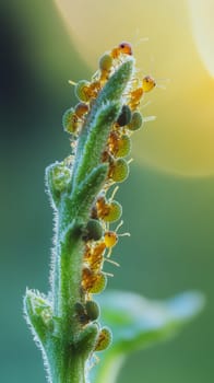 Yellow aphids and red ants interact on a fuzzy green plant stem, demonstrating the complex relationships in the insect world in a detailed macro photograph.