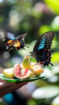 A black swallowtail butterfly with vibrant blue and orange markings perches on a sliced fig, its proboscis extended to feed on the fruit's sweet flesh.