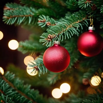 Sparkling ornament balls in vibrant red and gold hang from a lush spruce tree branch. Soft, warm lights twinkle enhancing festive spirit of Christmas. Happy New Year. Anamorphic  bokeh. Generative AI.