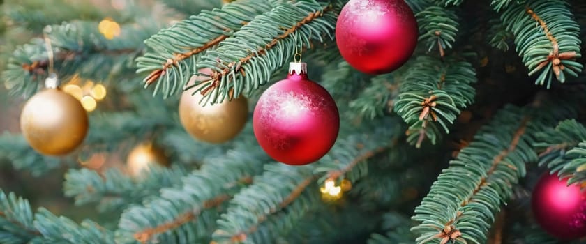 Colorful Christmas decorations adorn the branches of a spruce tree, vibrant balls in shades of red, gold, and pink, embodying holiday cheer in winter. Happy New Year art background. Generative AI.