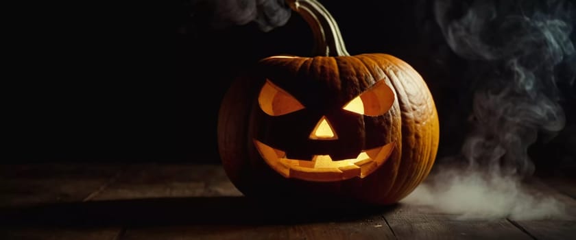 A carved Halloween pumpkin features a menacing face illuminated from within, with smoke curling upward, enhancing the haunting ambiance of the evening. Generative AI.