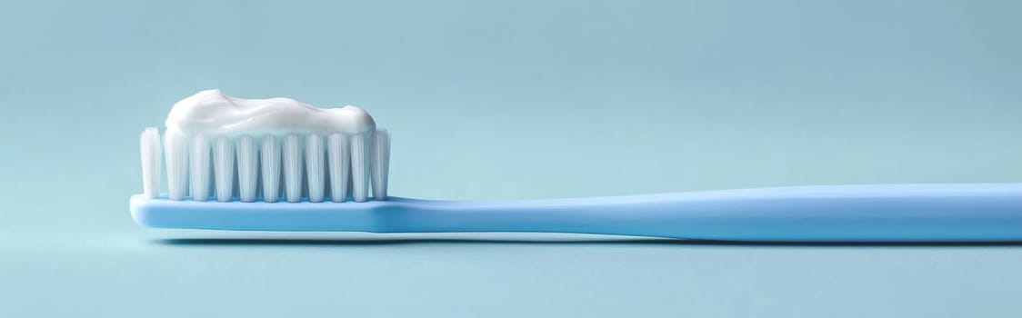 Toothbrush with toothpaste against solid color minimalist background with copy space, AI Generated