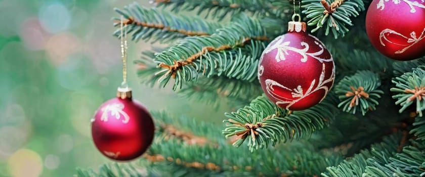 Colorful Christmas decorations adorn the branches of a spruce tree, vibrant balls in shades of red, gold, and pink, embodying holiday cheer in winter. Happy New Year art background. Generative AI.