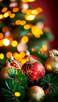 Sparkling ornament balls in vibrant red and gold hang from a lush spruce tree branch. Soft, warm lights twinkle enhancing festive spirit of Christmas. Happy New Year. Anamorphic bokeh. Generative AI.