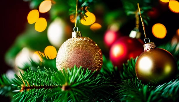 Sparkling ornament balls in vibrant red and gold hang from a lush spruce tree branch. Soft, warm lights twinkle enhancing festive spirit of Christmas. Happy New Year. Anamorphic bokeh. Generative AI.