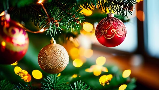 Sparkling ornament balls in vibrant red and gold hang from a lush spruce tree branch. Soft, warm lights twinkle enhancing festive spirit of Christmas. Happy New Year. Anamorphic bokeh. Generative AI.