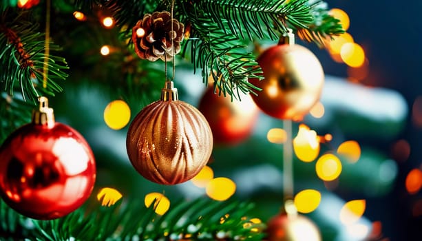 Sparkling ornament balls in vibrant red and gold hang from a lush spruce tree branch. Soft, warm lights twinkle enhancing festive spirit of Christmas. Happy New Year. Anamorphic bokeh. Generative AI.