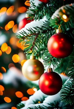 Sparkling ornament balls in vibrant red and gold hang from a lush spruce tree branch. Soft, warm lights twinkle enhancing festive spirit of Christmas. Happy New Year. Anamorphic bokeh. Generative AI.