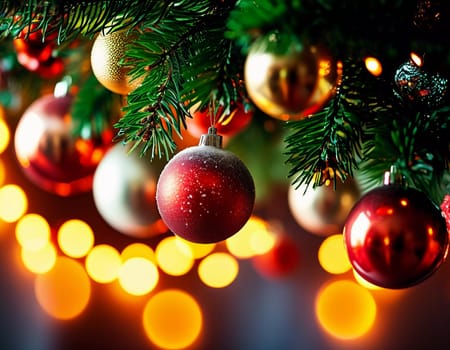 Sparkling ornament balls in vibrant red and gold hang from a lush spruce tree branch. Soft, warm lights twinkle enhancing festive spirit of Christmas. Happy New Year. Anamorphic bokeh. Generative AI.