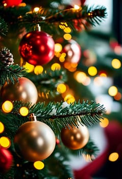 Sparkling ornament balls in vibrant red and gold hang from a lush spruce tree branch. Soft, warm lights twinkle enhancing festive spirit of Christmas. Happy New Year. Anamorphic  bokeh. Generative AI.