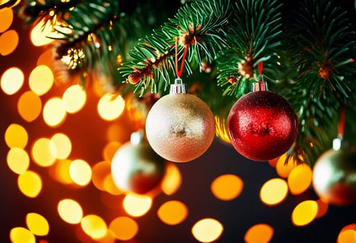 Sparkling ornament balls in vibrant red and gold hang from a lush spruce tree branch. Soft, warm lights twinkle enhancing festive spirit of Christmas. Happy New Year. Anamorphic bokeh. Generative AI.