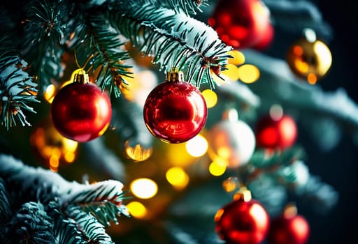 Sparkling ornament balls in vibrant red and gold hang from a lush spruce tree branch. Soft, warm lights twinkle enhancing festive spirit of Christmas. Happy New Year. Anamorphic bokeh. Generative AI.