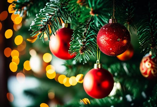 Sparkling ornament balls in vibrant red and gold hang from a lush spruce tree branch. Soft, warm lights twinkle enhancing festive spirit of Christmas. Happy New Year. Anamorphic bokeh. Generative AI.