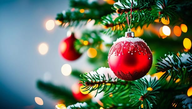 Sparkling ornament balls in vibrant red and gold hang from a lush spruce tree branch. Soft, warm lights twinkle enhancing festive spirit of Christmas. Happy New Year. Anamorphic bokeh. Generative AI.