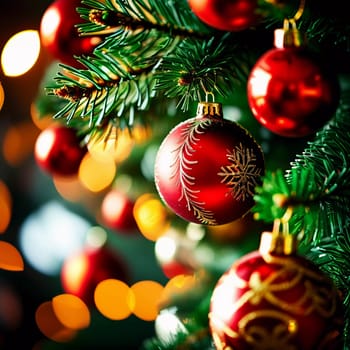 Sparkling ornament balls in vibrant red and gold hang from a lush spruce tree branch. Soft, warm lights twinkle enhancing festive spirit of Christmas. Happy New Year. Anamorphic bokeh. Generative AI.