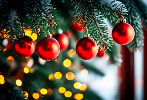 Sparkling ornament balls in vibrant red and gold hang from a lush spruce tree branch. Soft, warm lights twinkle enhancing festive spirit of Christmas. Happy New Year. Anamorphic bokeh. Generative AI.