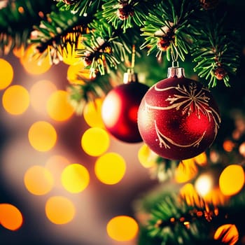 Sparkling ornament balls in vibrant red and gold hang from a lush spruce tree branch. Soft, warm lights twinkle enhancing festive spirit of Christmas. Happy New Year. Anamorphic bokeh. Generative AI.