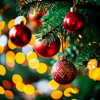 Sparkling ornament balls in vibrant red and gold hang from a lush spruce tree branch. Soft, warm lights twinkle enhancing festive spirit of Christmas. Happy New Year. Anamorphic bokeh. Generative AI.