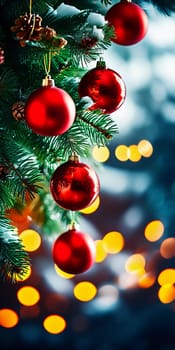 Sparkling ornament balls in vibrant red and gold hang from a lush spruce tree branch. Soft, warm lights twinkle enhancing festive spirit of Christmas. Happy New Year. Anamorphic bokeh. Generative AI.
