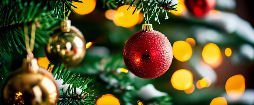 Sparkling ornament balls in vibrant red and gold hang from a lush spruce tree branch. Soft, warm lights twinkle enhancing festive spirit of Christmas. Happy New Year. Anamorphic  bokeh. Generative AI.