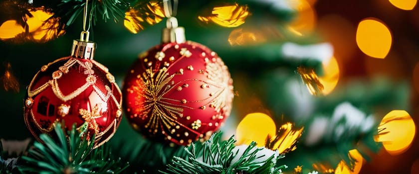 Sparkling ornament balls in vibrant red and gold hang from a lush spruce tree branch. Soft, warm lights twinkle enhancing festive spirit of Christmas. Happy New Year. Anamorphic  bokeh. Generative AI.