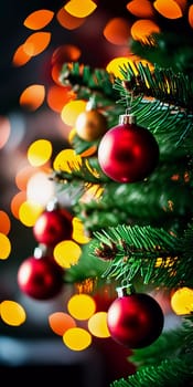Sparkling ornament balls in vibrant red and gold hang from a lush spruce tree branch. Soft, warm lights twinkle enhancing festive spirit of Christmas. Happy New Year. Anamorphic bokeh. Generative AI.