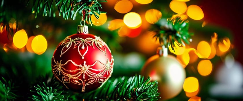 Sparkling ornament balls in vibrant red and gold hang from a lush spruce tree branch. Soft, warm lights twinkle enhancing festive spirit of Christmas. Happy New Year. Anamorphic  bokeh. Generative AI.