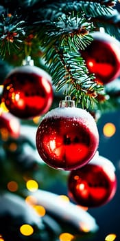 Sparkling ornament balls in vibrant red and gold hang from a lush spruce tree branch. Soft, warm lights twinkle enhancing festive spirit of Christmas. Happy New Year. Anamorphic bokeh. Generative AI.
