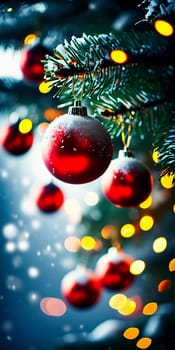 Sparkling ornament balls in vibrant red and gold hang from a lush spruce tree branch. Soft, warm lights twinkle enhancing festive spirit of Christmas. Happy New Year. Anamorphic bokeh. Generative AI.