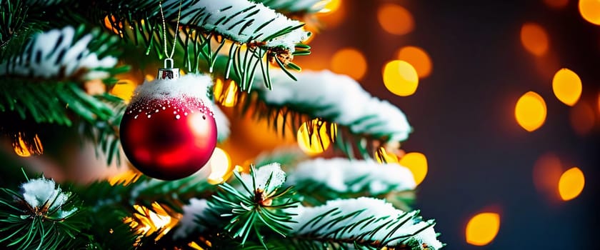 Sparkling ornament balls in vibrant red and gold hang from a lush spruce tree branch. Soft, warm lights twinkle enhancing festive spirit of Christmas. Happy New Year. Anamorphic  bokeh. Generative AI.