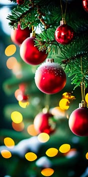 Sparkling ornament balls in vibrant red and gold hang from a lush spruce tree branch. Soft, warm lights twinkle enhancing festive spirit of Christmas. Happy New Year. Anamorphic bokeh. Generative AI.