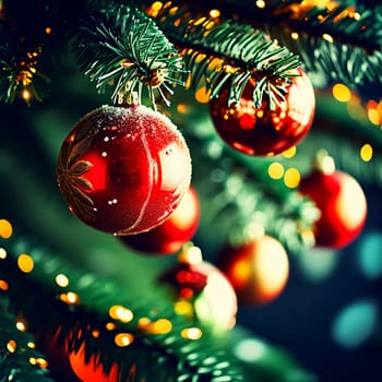 Sparkling ornament balls in vibrant red and gold hang from a lush spruce tree branch. Soft, warm lights twinkle enhancing festive spirit of Christmas. Happy New Year. Anamorphic bokeh. Generative AI.